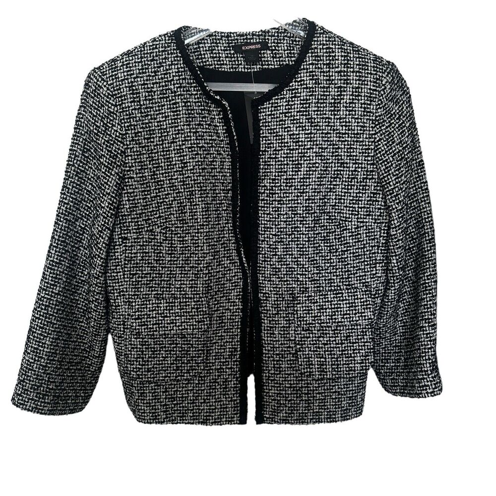 NEW Express $128 White Black Tweed Jacket Blazer Cropped 3/4 Sleeve Women’s 10